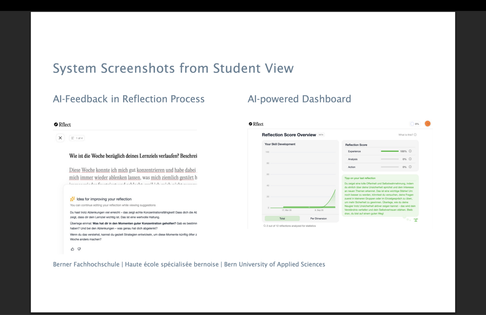 System screenshots from the student view: AI feedback in the reflection process and the AI-powered dashboard