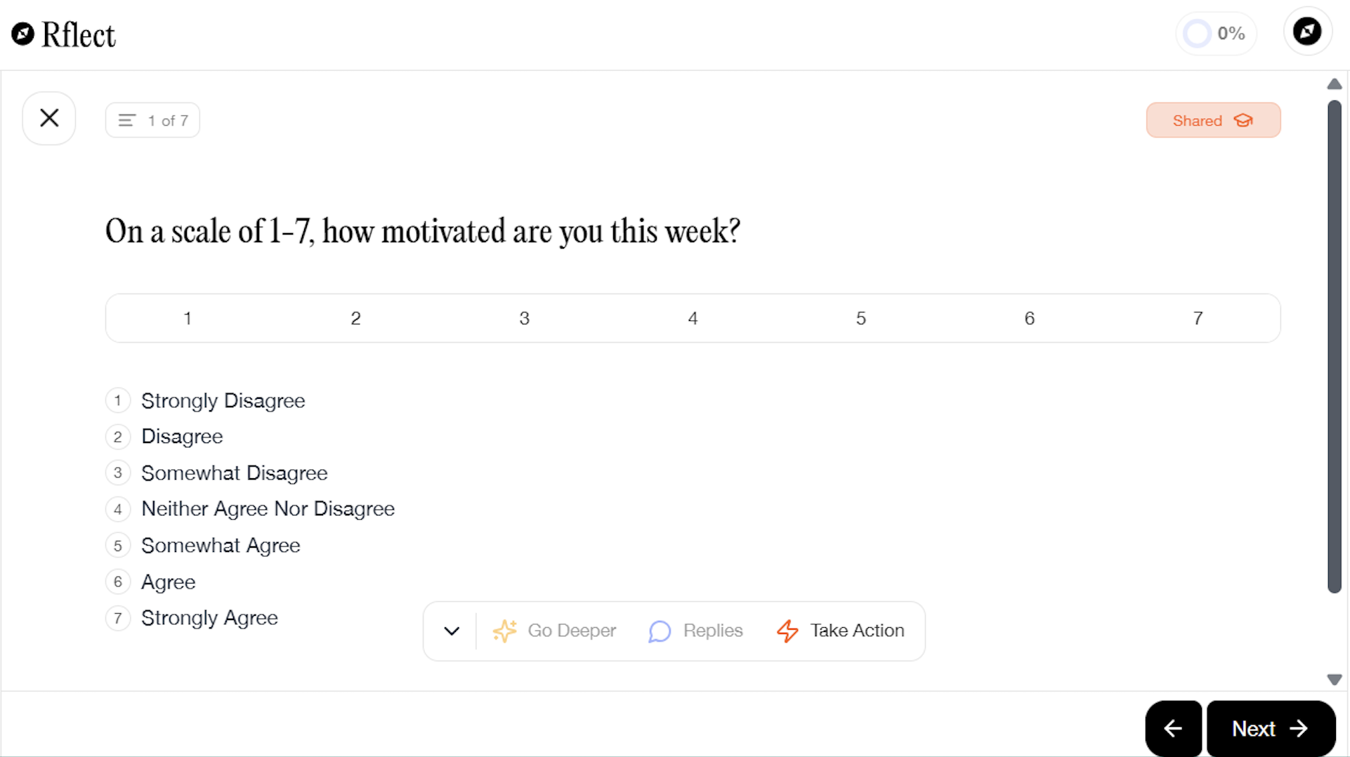 Screenshot of a reflection prompt in Rflect asking students to rate their motivation on a scale from 1 to 7.